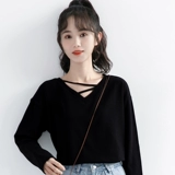 Осенний черный приятный телу хлопковый лонгслив, V-образный вырез, высокий воротник, в корейском стиле