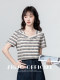 V-neck striped short-sleeved T-shirt for women 2025 summer new loose and irregular design right shoulder T-shirt slimming top