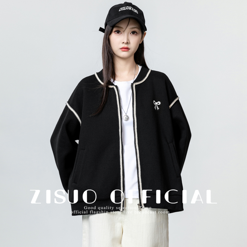 American-Style Black Baseball Jacket for Women, 2026 Spring and Autumn New Loose-Fitting Versatile Zip-Up Cardigan Jacket Trendy Top
