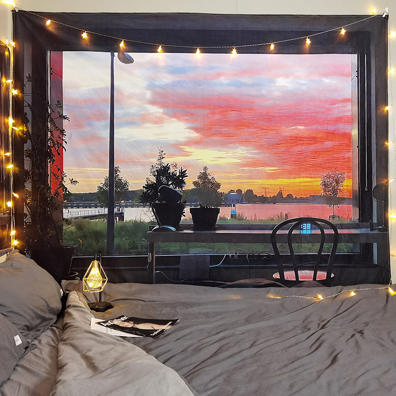 Гобелен 假窗户墙布挂布ins背景布床头卧室房间背景墙宿舍墙面装饰画布