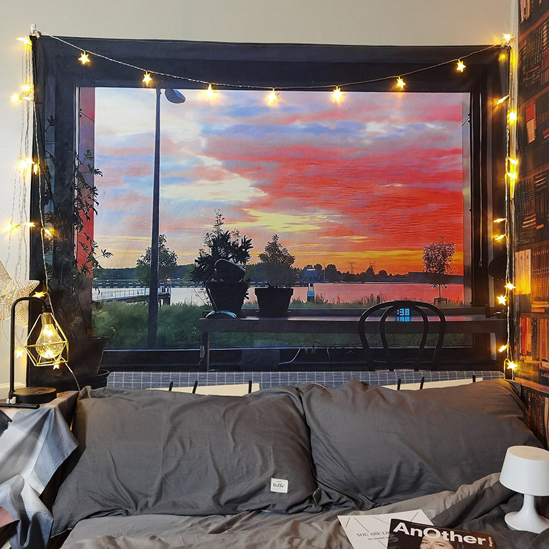 Гобелен 假窗户墙布挂布ins背景布床头卧室房间背景墙宿舍墙面装饰画布