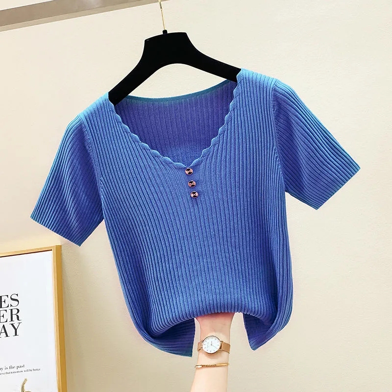 2022 Summer Ice Silk Short Sleeve T-Shirt Women's New Loose Short Sleeve Korean Style Button V-Neck Top Knitted Base Shirt