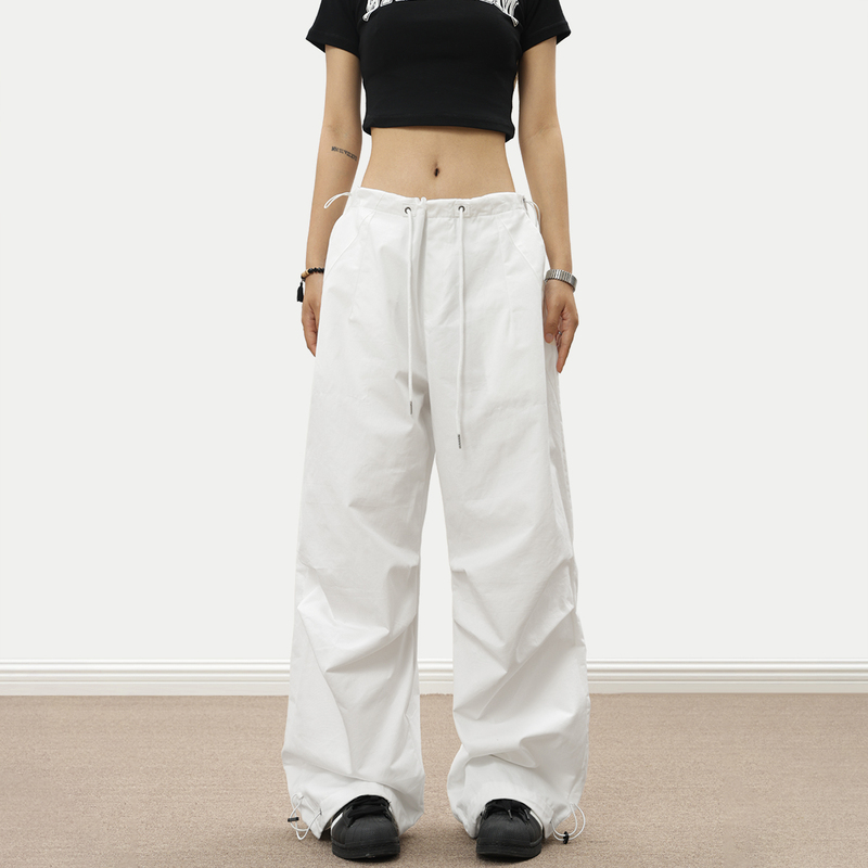 0123Start White Casual Parachute Cargo Pants for Women, American Retro Drawstring Wide-Leg Parachute Pants 0123Start White Casual Parachute Cargo Pants for Women, American Retro Drawstring Wide-Leg Parachute Pants