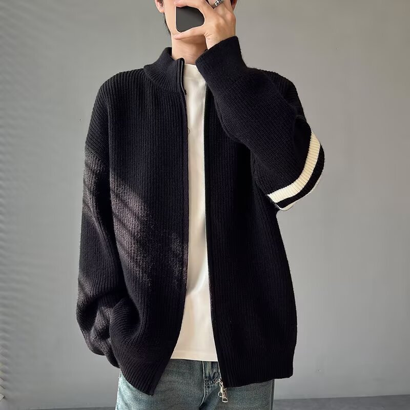 Stand Collar Cardigan Double Zipper Sweater for Men, Autumn and Winter, Lazy Style with a High-End Feel, Mature Style Jacket, Loose Three-Stripe Knitwear