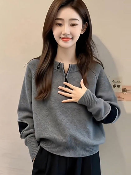 Korean-Style High-End Gray Half-Zip Knit Sweater for Women, Autumn and Winter Fashion, Loose Fit, Slimming, Versatile Top