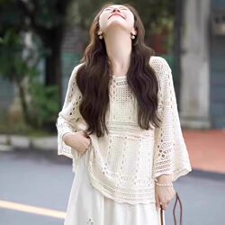 Hollow-Out Long-Sleeved Knitted Sweater for Women, Summer Outerwear, New Loose Round Neck Bell-Sleeve Sun Protection Top, Air-Conditioning Cover-Up