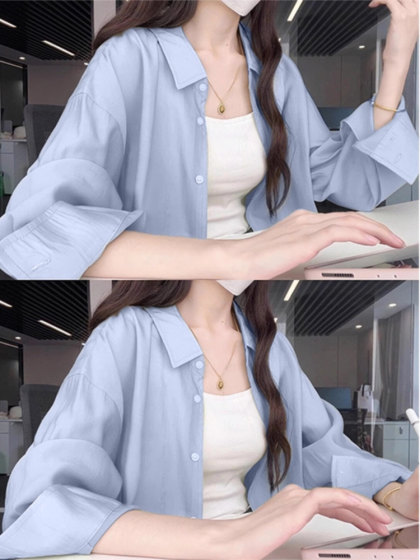 French-Style Blue Long-Sleeved Shirt for Women, Summer New Popular Style, Loose, Lazy Style, Casual Sun Protection Shirt Jacket