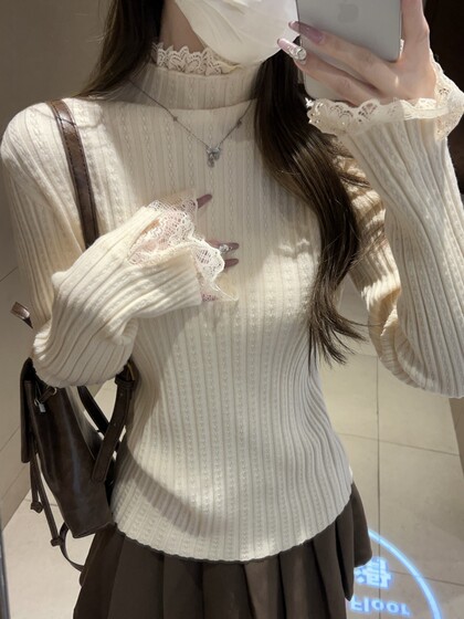 French-Style Gentle Chic Lace Half-High Collar Base Sweater for Women, 2026 Autumn Textured Inner Knit Top