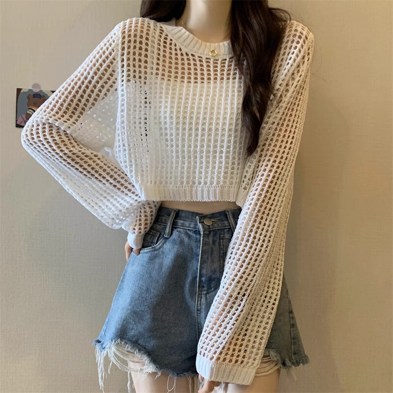 Thin Hollow-Out Sun-Protective Knit Top for Women, 2026 Spring/Summer New Style, Mesh Loose-Fitting Short Top, Slimming Cover-Up, Thin