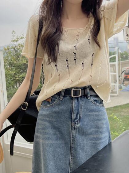 French-Style Hollow-Out Ice Silk Short-Sleeve Knit Top for Women, Summer Ripped Thin Stylish Short Cover-Up Blouse