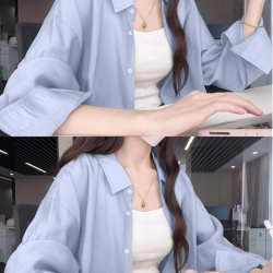 French-Style Blue Long-Sleeved Shirt for Women, Summer New Popular Style, Loose, Lazy Style, Casual Sun Protection Shirt Jacket