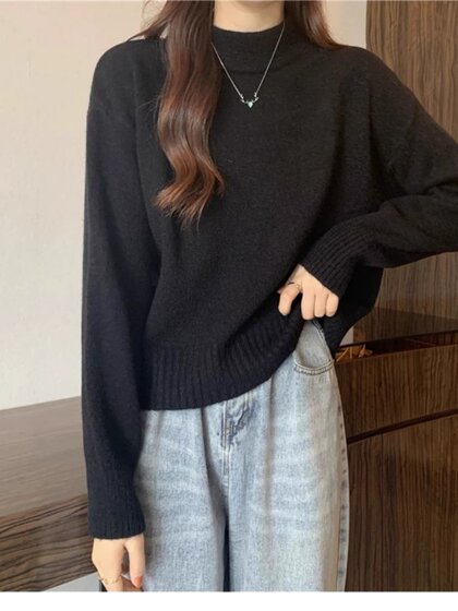 Half-Turtleneck Soft Sweater for Women, New Autumn and Winter Style, Versatile Pullover for Petite Figures, Knitted Base Layer, Loose Top