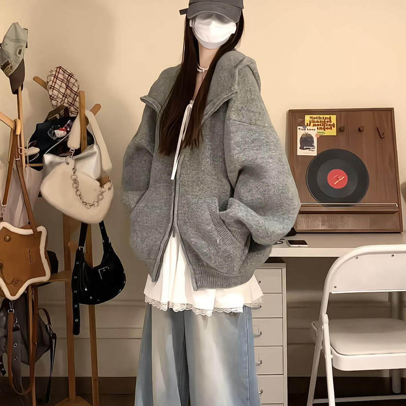 Hooded Sweater Cardigan Jacket for Women, Knitted Sweater, Lazy and High-End Style, 2026 New Korean Style Autumn and Winter Wear
