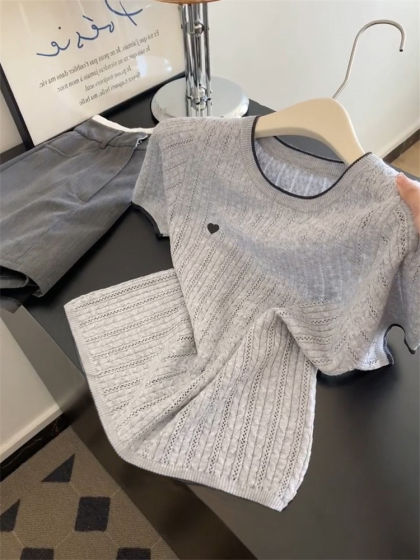 Thin Hollow-Out Cool Knit Short-Sleeve Women's Summer Chic Design Heart Embroidery T-Shirt Color-Blocked Base Top