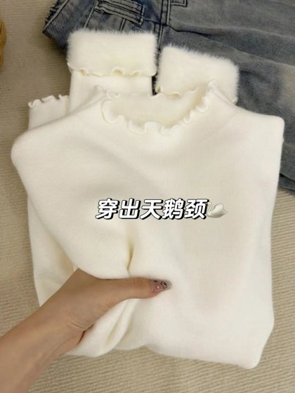 Half-High Collar, Ruffled Edge, Fleece-Lined Inner Sweater for Women, New Autumn and Winter Slim-Fit, Soft and Cozy One-Piece Fleece Base Shirt, Thick Top