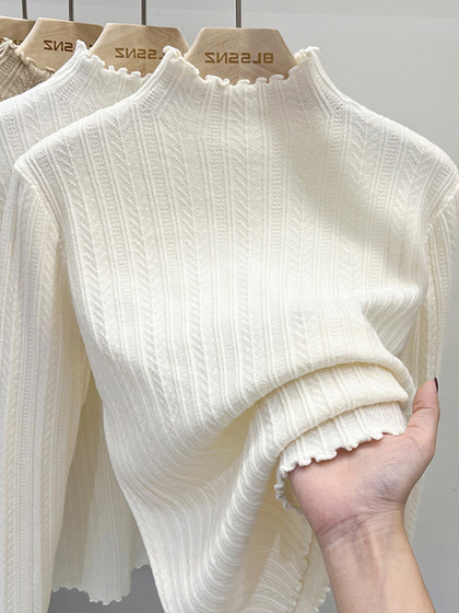 Autumn and Winter Ruffled Half-High Collar Knitted Base Shirt Sweater for Women, Slim Fit, Versatile, Unique Long-Sleeve Inner Top