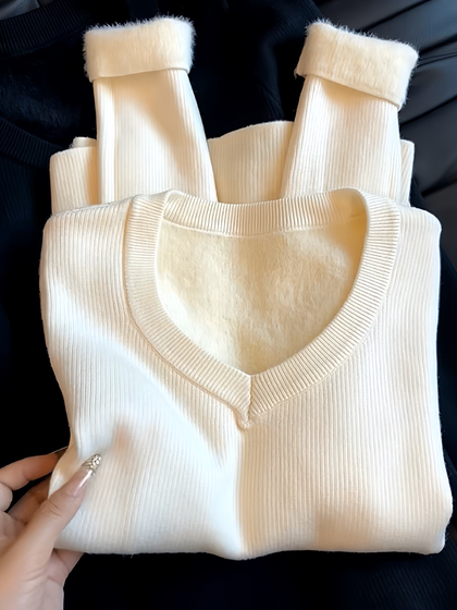 Korean-Style Soft and Cozy V-Neck Knitted One-Piece Sweater for Women, Autumn and Winter Warm Inner Layer, Slim-Fit Knitted Base Shirt Top
