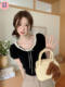 Beautiful Summer Bow-Knot French-Style Hollow-Out Ice Silk Knitted Short-Sleeve T-Shirt for Women with Lace Trim, Short Top