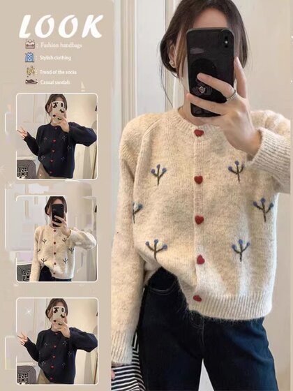 Designed with Heart Button Embroidery, Round-Neck Knitted Cardigan Top, Lazy Style Sweater for Women, Versatile, Slimming, Retro and Trendy
