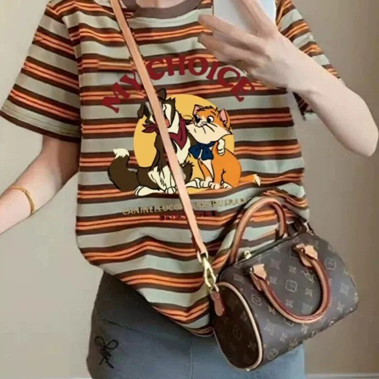 Next Moon British Co-Branded American-Style Design Striped Print T-Shirt for Women, Summer 2025 New Style, Loose and Versatile