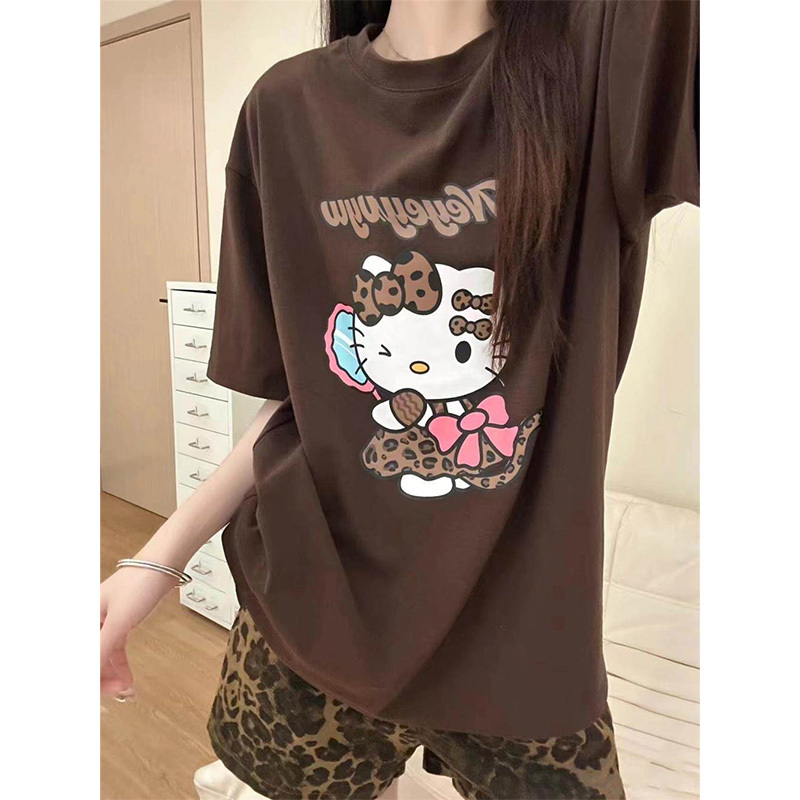 Next Moon British Co-Branded Hello Kitty Cartoon Print Brown Short-Sleeved T-Shirt for Women Summer 2025 New Style Next Moon British Co-Branded Hello Kitty Cartoon Print Brown Short-Sleeved T-Shirt for Women Summer 2025 New Style