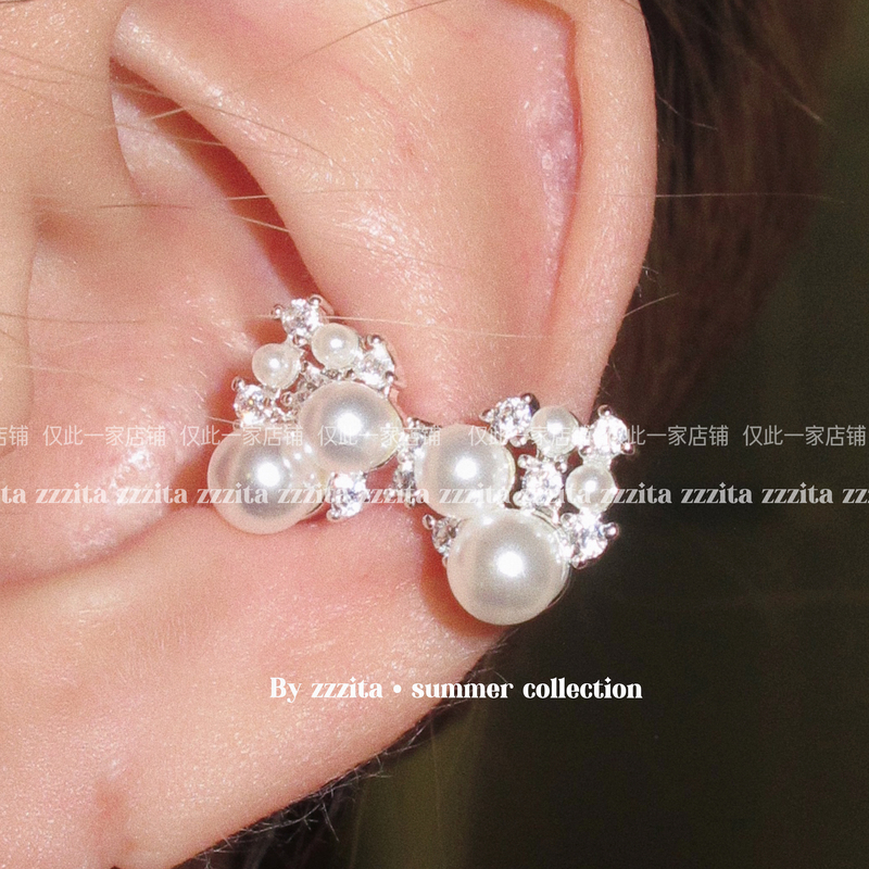 Zzzita Butterfly Whisper~ Sparkling Diamond Shell Pearl Bow Ear Clip Ear Cuff