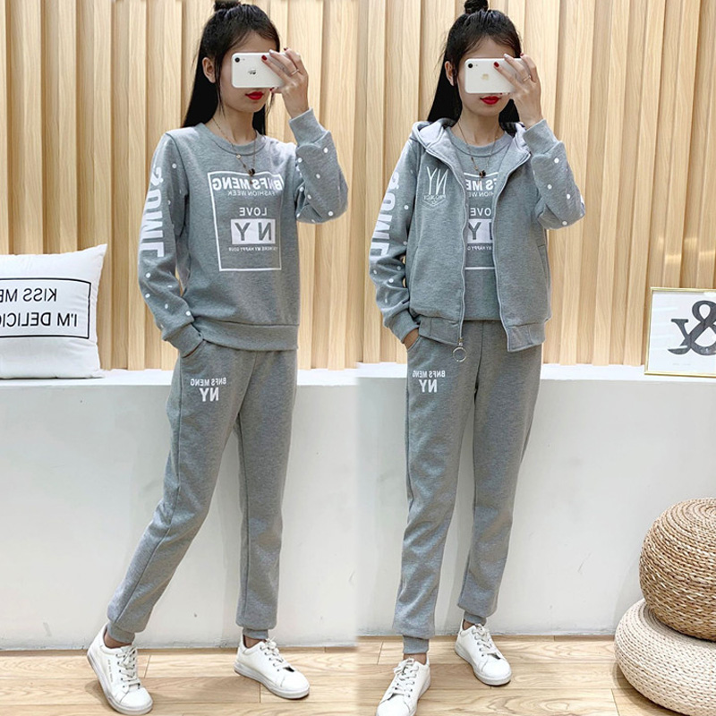 Spring and autumn new sports suit women's Korean version plus suede thickened female high school student leisure letter girl's clothing three sets