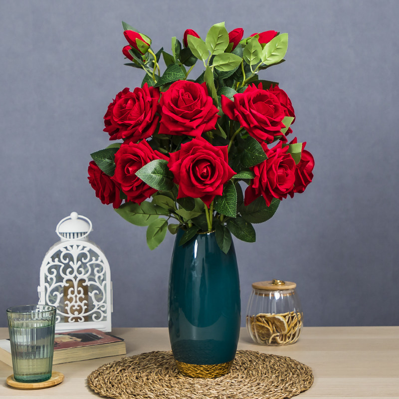 Roses Decorative flowers on the dining table Living room fake flowers desktop simulation azalea fake flowers ceramic vase ornaments