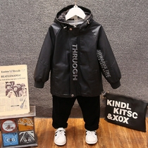2021 Winter wear new boy leather clothing long windbreaker Korean baby Puskin children plus cotton coat hooded tide