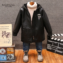 New boy long plus velvet thick leather clothing childrens hooded middle-aged childrens winter jacket baby fashion windbreaker