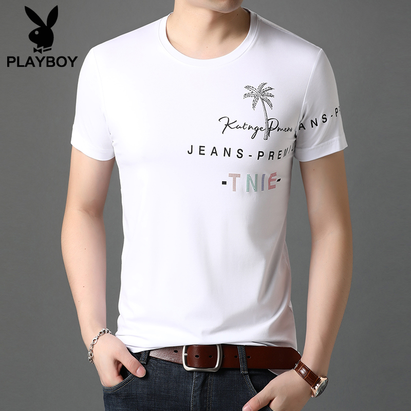 Cảng Playboy gió áo thun nam ngắn tay mùa hè Mang Trend Lên trên nam cổ tròn Silk bông Half-Sleeve T-Shirt