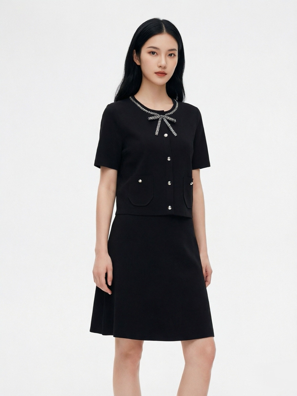 2026 Xia Kejia Mall's New Fashion Bow-Knot Tencel Knit Cardigan + Tencel Skirt Set