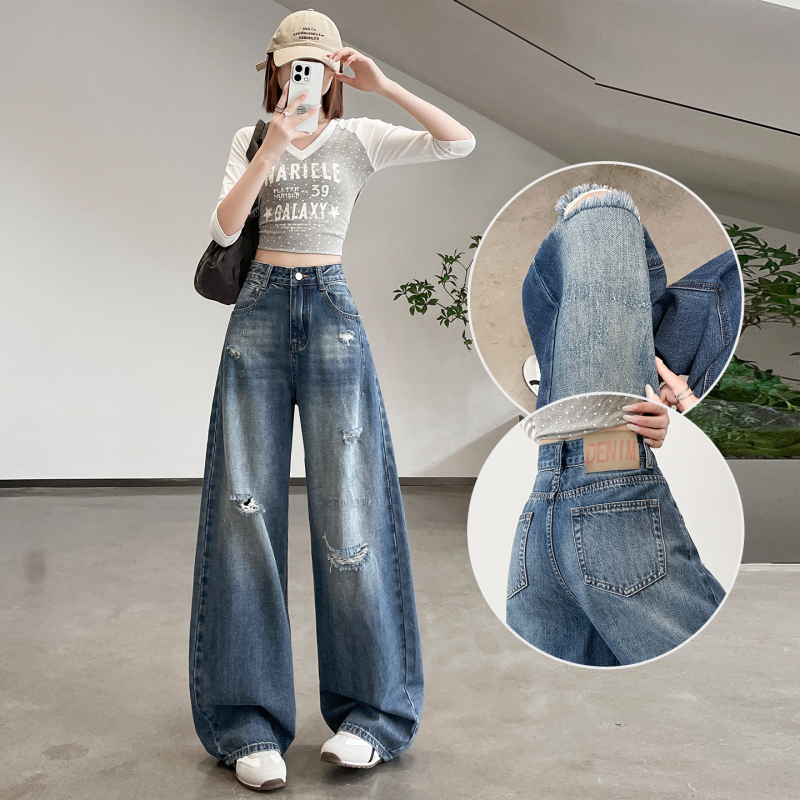Vintage Trendy Ripped Jeans for Women 2026 Spring/Summer New Style Loose Lazy Style Wide-Leg Floor-Length Straight Distressed Pants