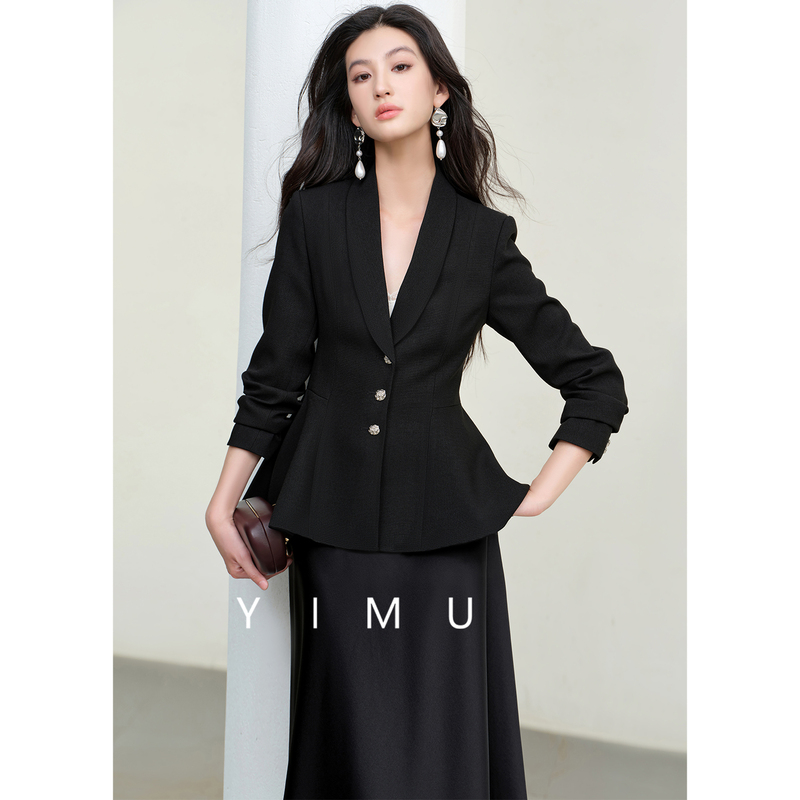 Black Acetate Blazer for Women, Waist-Cinching, Ruffled Hem, 2026 Casual, Green Fruit Collar, Petite, Professional Commuting Suit