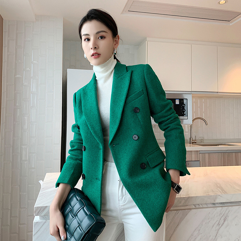 YIMU green wool suit jacket women's design sense niche high-end sense woolen slim fit waist temperament top thick