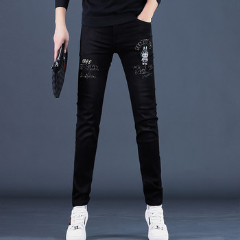 2025 autumn and winter new high-end black men's jeans embroidered slim feet elastic casual pants men's trend