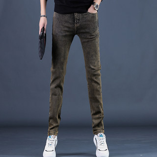 2025年秋冬季新款复古黄洗水牛仔裤男潮修身抓绒休闲小脚裤子潮牌