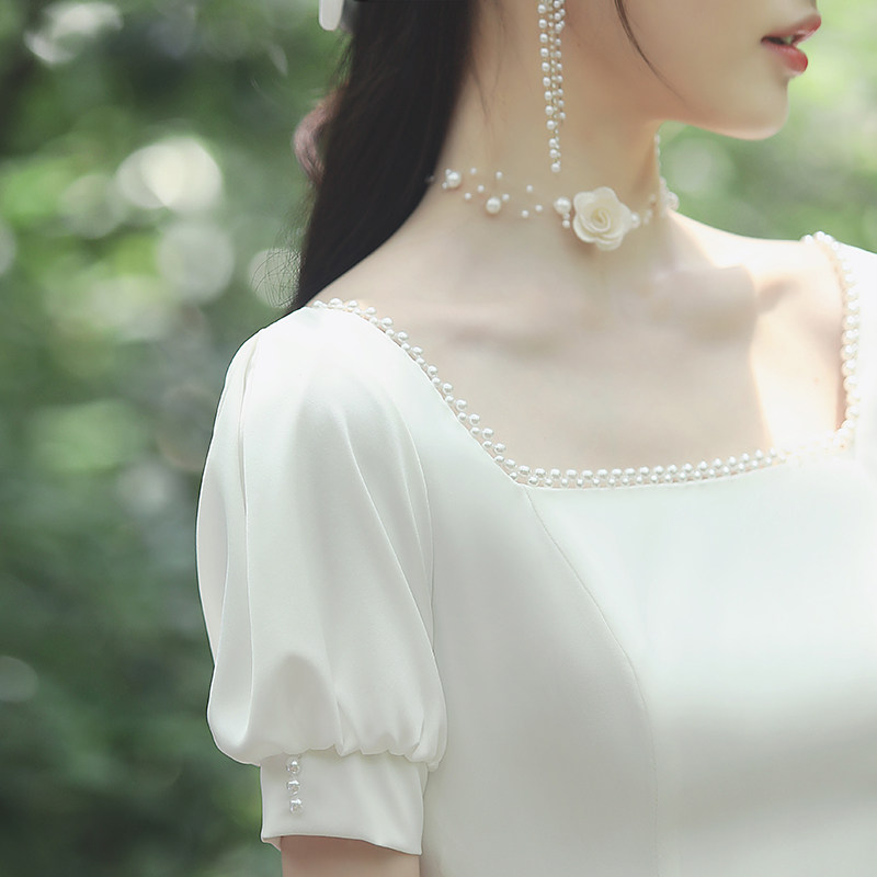 White evening dress registration certification Little white dress dress girl light luxury satin engagement bridesmaid