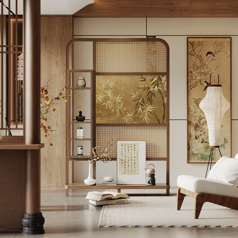 New Chinese-Style Rattan Woven Entrance Screen Facing the Door, All-Solid Wood Partition for Living Room and Bedroom, Movable Storage Shelf