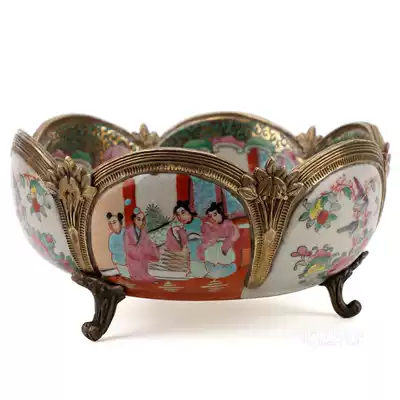 New York City Park imported Oriental style pastel figure lotus petals copper side bag porcelain classical decoration small bowl