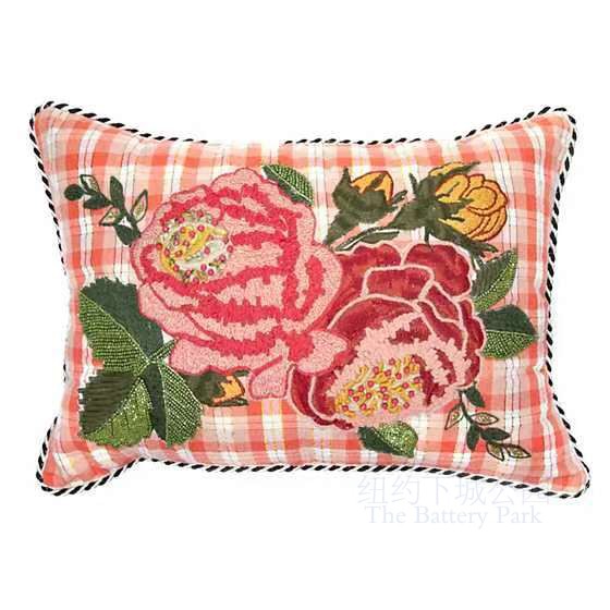 Spot New York Lower Town Park Imported Tattersall Flower Grid Delicate Rose Coral Embroidery Trim Cushion Living Room