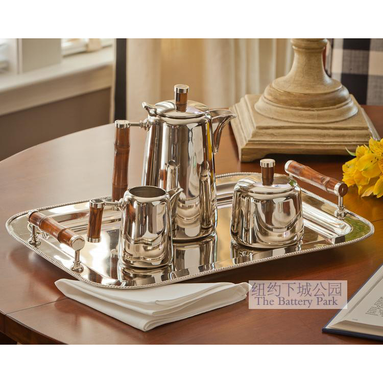 New York City Park imported Western-style bright silver exquisite copper nickel-plated bamboo handle tray teapot three-piece set