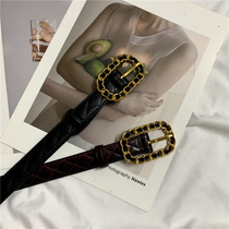 ins retro Net red hollow buckle belt female Korean autumn and winter jacket leather water chestnut Joker belt belt belt belt decoration