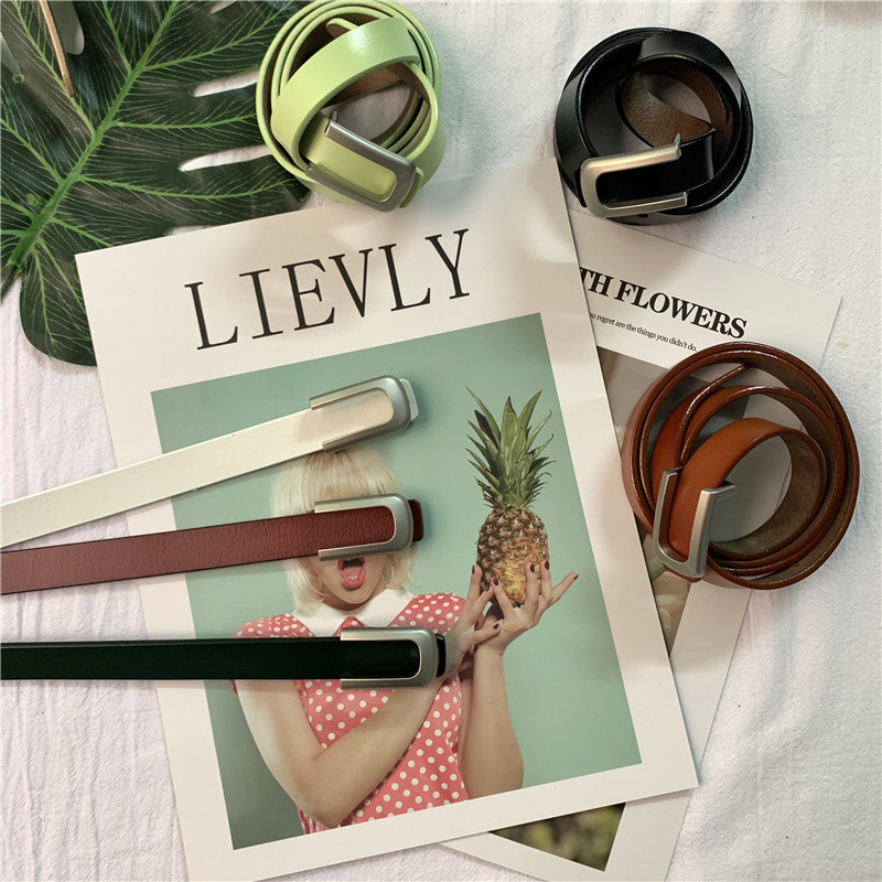 New genuine leather slim belt lady U shaped belt head minimalist Korean version ins retro belt women casual decorative pants with tide