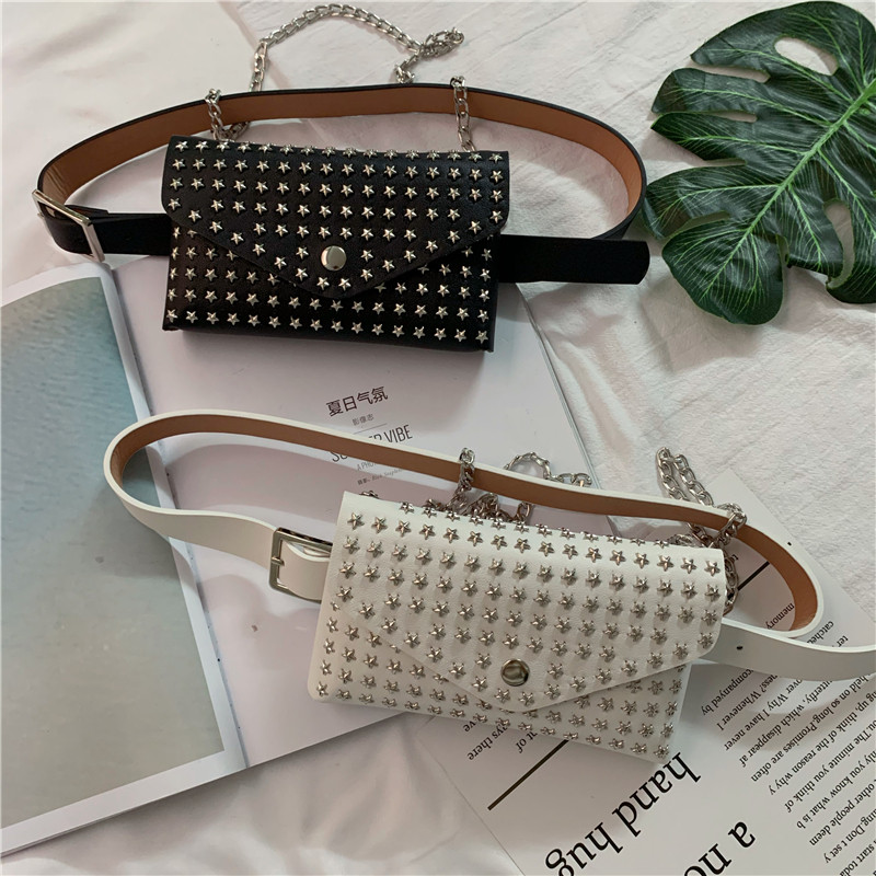 2020 new Korean version punk wind star rivet pockets fashion 100 lap belt women ins chain strap small bag
