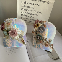 Hat female Korean version of heavy industry three-dimensional flower rhinestone baseball cap mesh sequin sun hat exaggerated personality cap