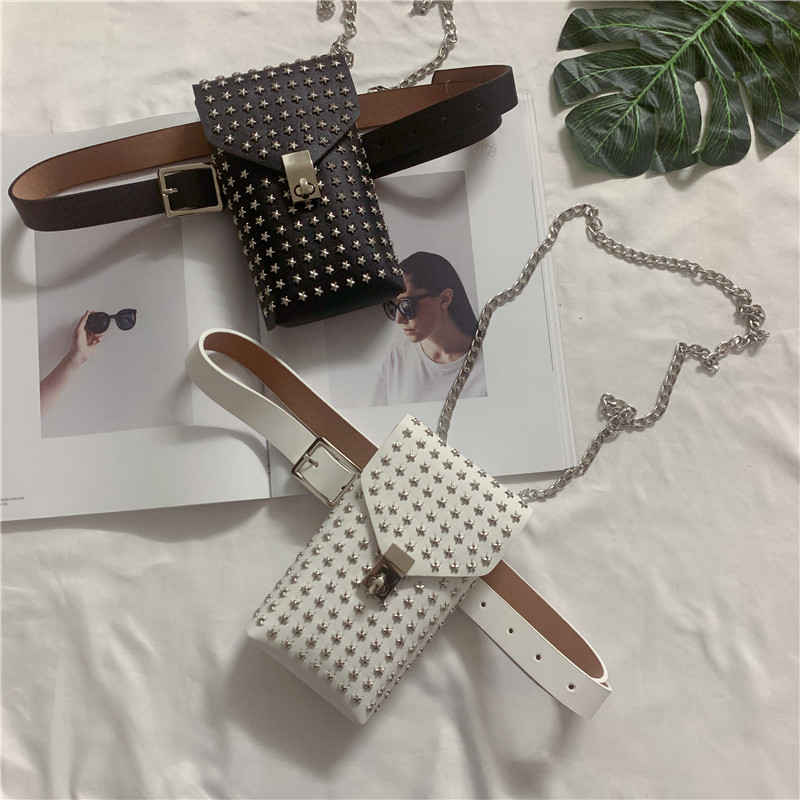 ins net red vertical type small bag girl Korean version star rivet waist pocket 100 lap belt detachable belt lady decoration
