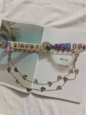 Korean version of ins double butterfly belt female cool PVC full hole chain decoration punk style waist pants hanging hip hop