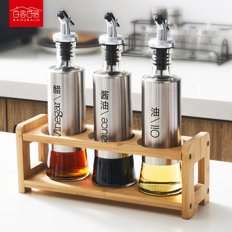 Kitchen Seasoning Bottle Set Stainless Steel Glass Oil Pot Soy Sauce Vinegar Bottle Cooking Wine Household Seasoning Jar Storage Rack Combination