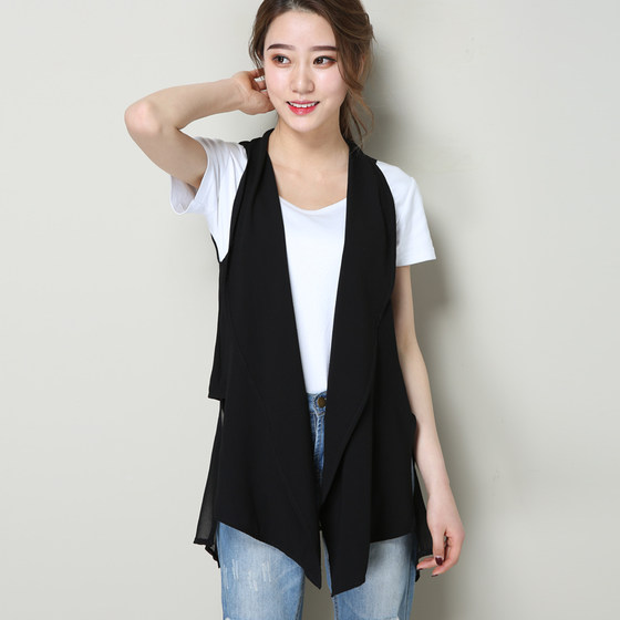 Vest women's new summer style outer wear large size mid-length black chiffon vest vest thin cardigan vest outer wear